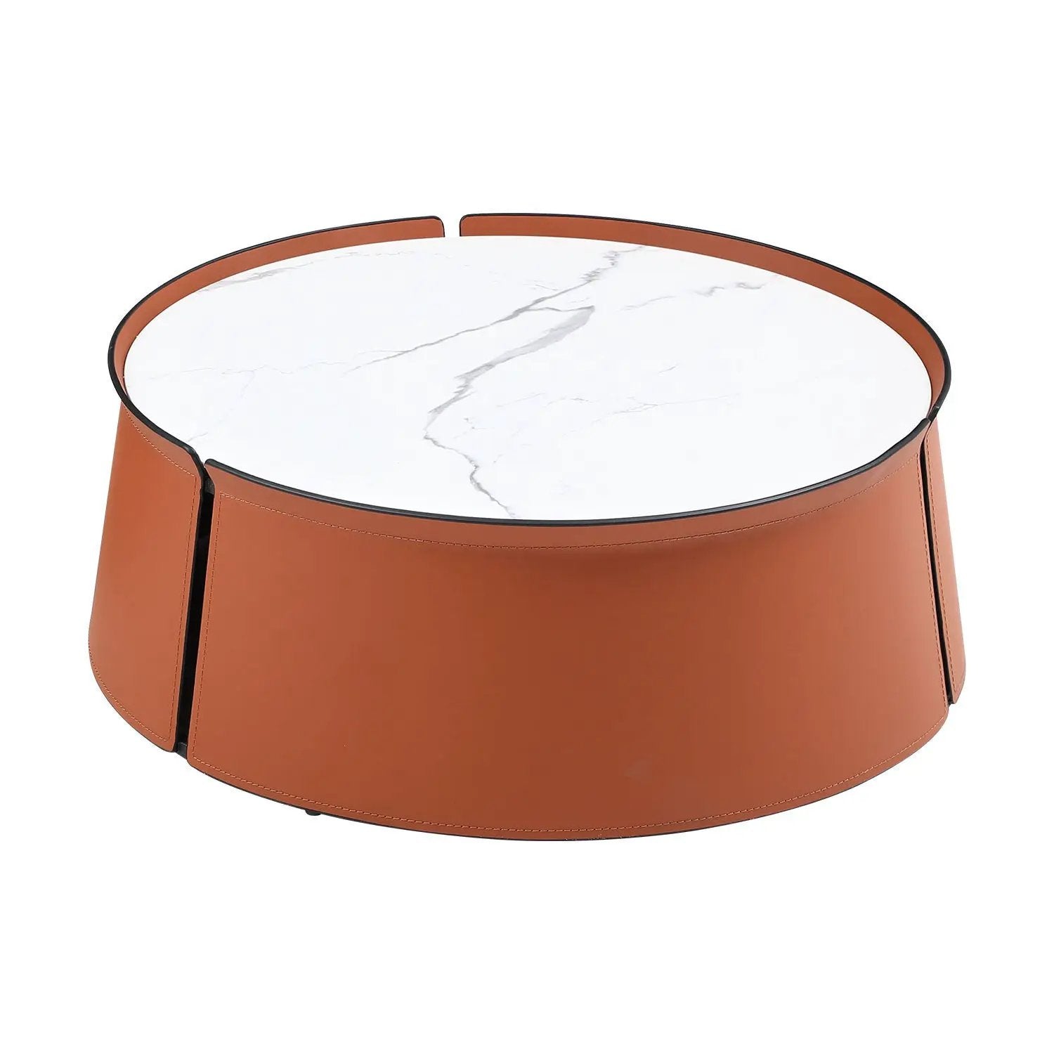 31.5" Coffee Table, Marble Top and Orange Saddle Leather Body by BLAKHOM