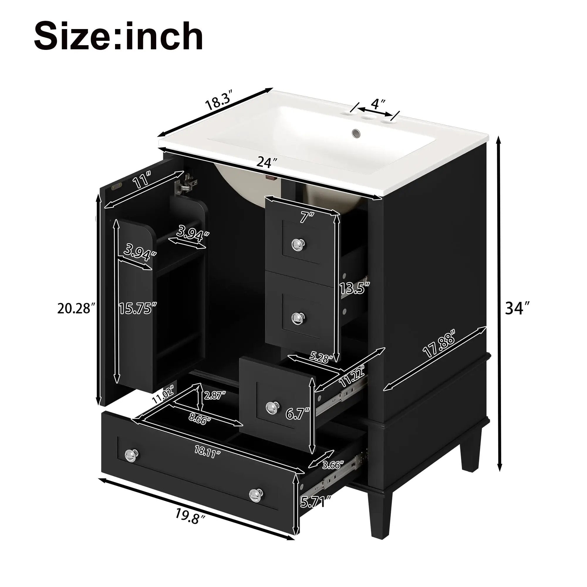 Bathroom Vanity With Integrated Basin, Soft Close Drawers, Door Mounted Double Layer Shelf by Unique Piece Furniture