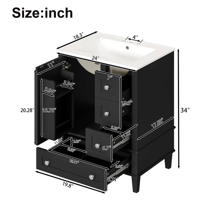 Bathroom Vanity With Integrated Basin, Soft Close Drawers, Door Mounted Double Layer Shelf by Unique Piece Furniture