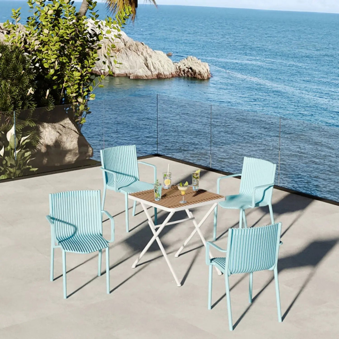 4 Modern Stackable Plastic Armchair Matched With Folding Square Table by Unique Piece Furniture