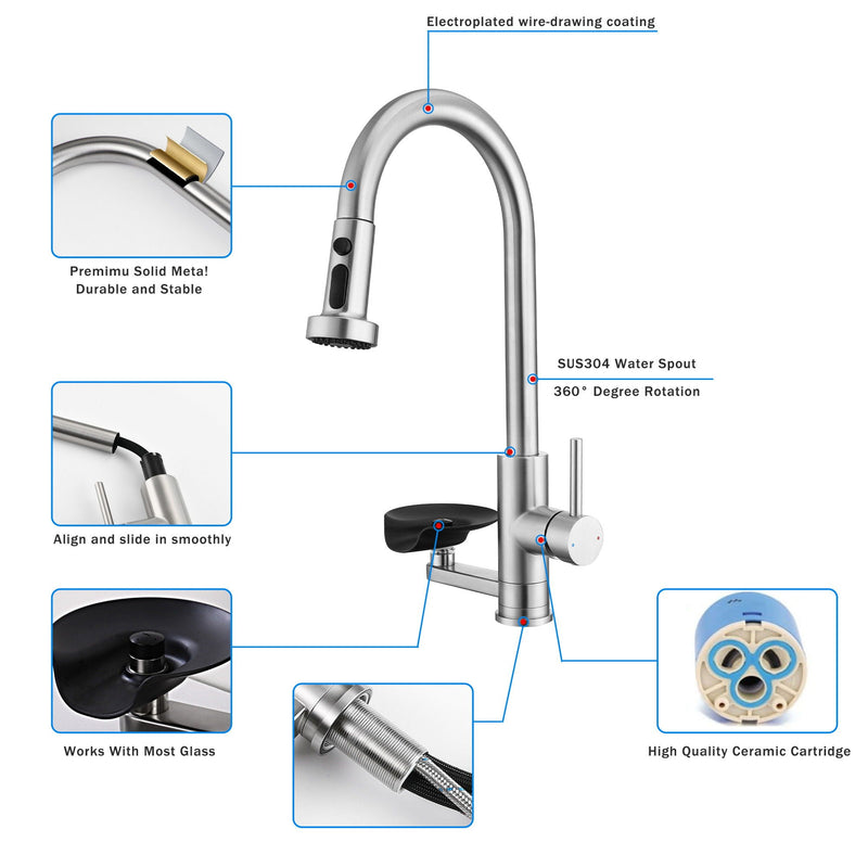 3 In 1 Kitchen Faucet With Press Type Glass Rinser, High Arc Pull Down Sprayer by HouseOfZazla