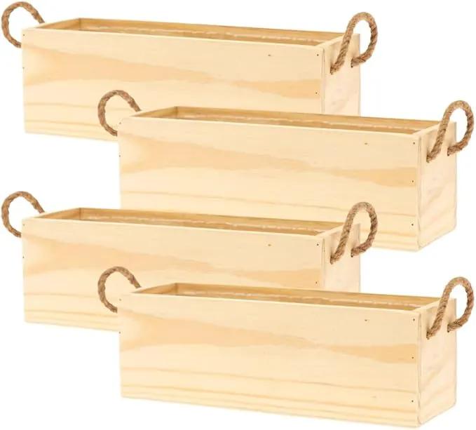 Wooden Planter Box with Handle, Rose Wood, Plastic Liner l Garden Decor l Restaurant and Wedding Decorations l Wedding Bouquets, Table Centerpiece, 12 x 4 Inches, (12x4 w Handle Set of 4, Rose Wood) by GreenHaven Gardens