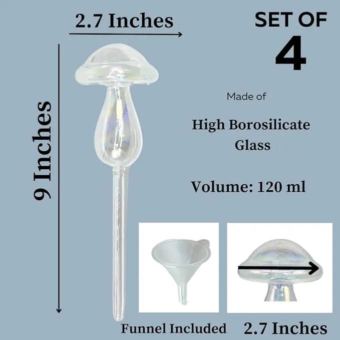 Evelots Plant Self Watering Glass Globes, Iridescent Mushroom Shaped Bulbs (4 Pack) Automatic Water Irrigation System for Plants with Funnel, Indoor & Outdoor Use -Extra Long 9 Inches by GreenHaven Gardens