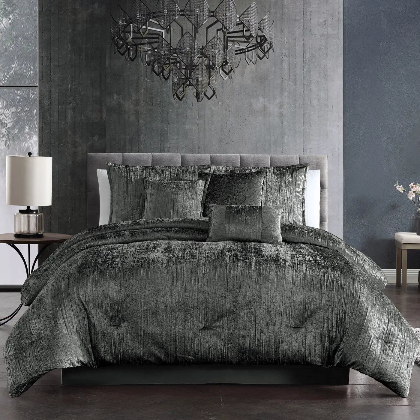 Turin 7 Piece Charcoal Crinkle Velvet Comforter Ensemble by HouseOfZazla