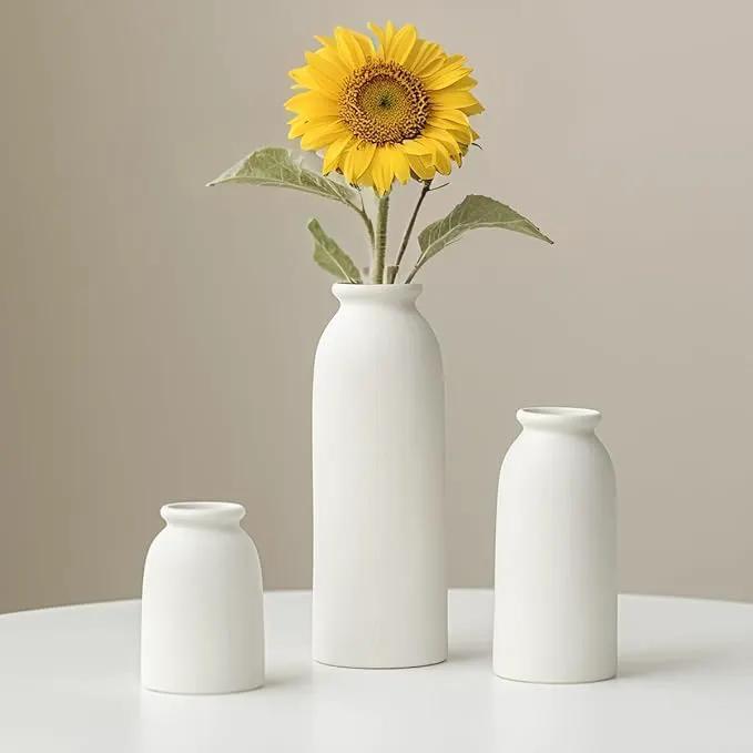 Ceramic Vase Set-3, Small Flower Vases for Decor, Modern Boho Farmhouse Style, Decorative Shelf Vases for Pampas Grass & Dried Flowers, Distressed Finish (White) by GreenHaven Gardens