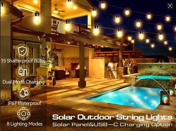 Honche Solar Lights Outdoor Waterproof LED IP66 with 15 Edison Bulb Warm White String Lights Patio Lights Decorate for Christmas Camping Wedding Birthday Backyard Gazebo Party by GreenHaven Gardens