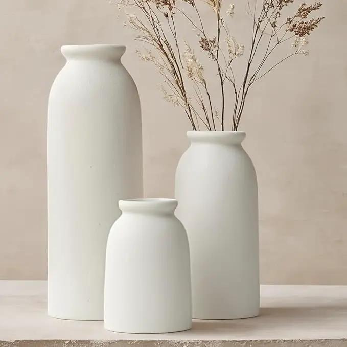 Ceramic Vase Set-3, Small Flower Vases for Decor, Modern Boho Farmhouse Style, Decorative Shelf Vases for Pampas Grass & Dried Flowers, Distressed Finish (White) by GreenHaven Gardens