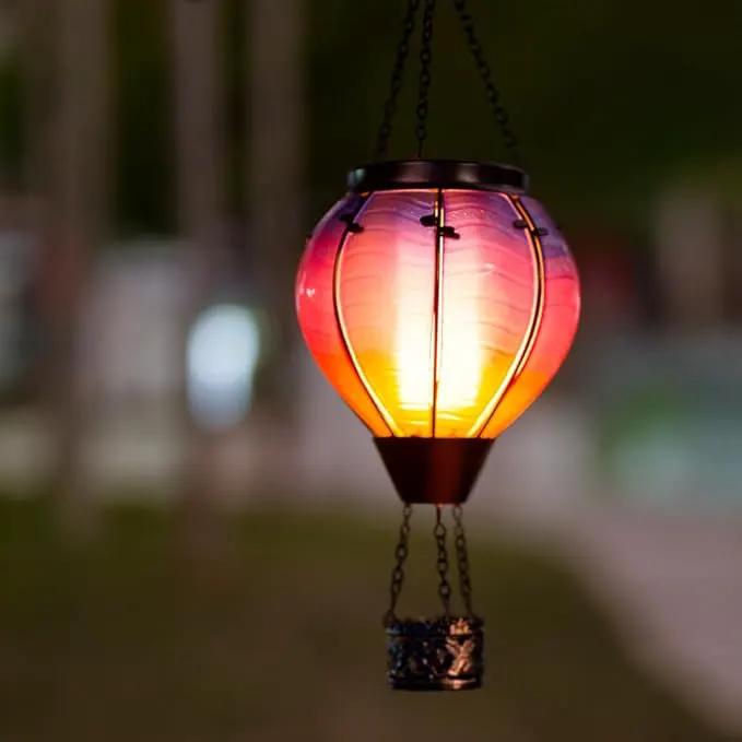 Starsoul Glass Solar Hot Air Balloon Flickering Flame Hanging Garden Light Purple Hot Air Balloon Solar Lantern with Large Basket Waterproof Hot Air Balloon Solar Lamp Decor by GreenHaven Gardens