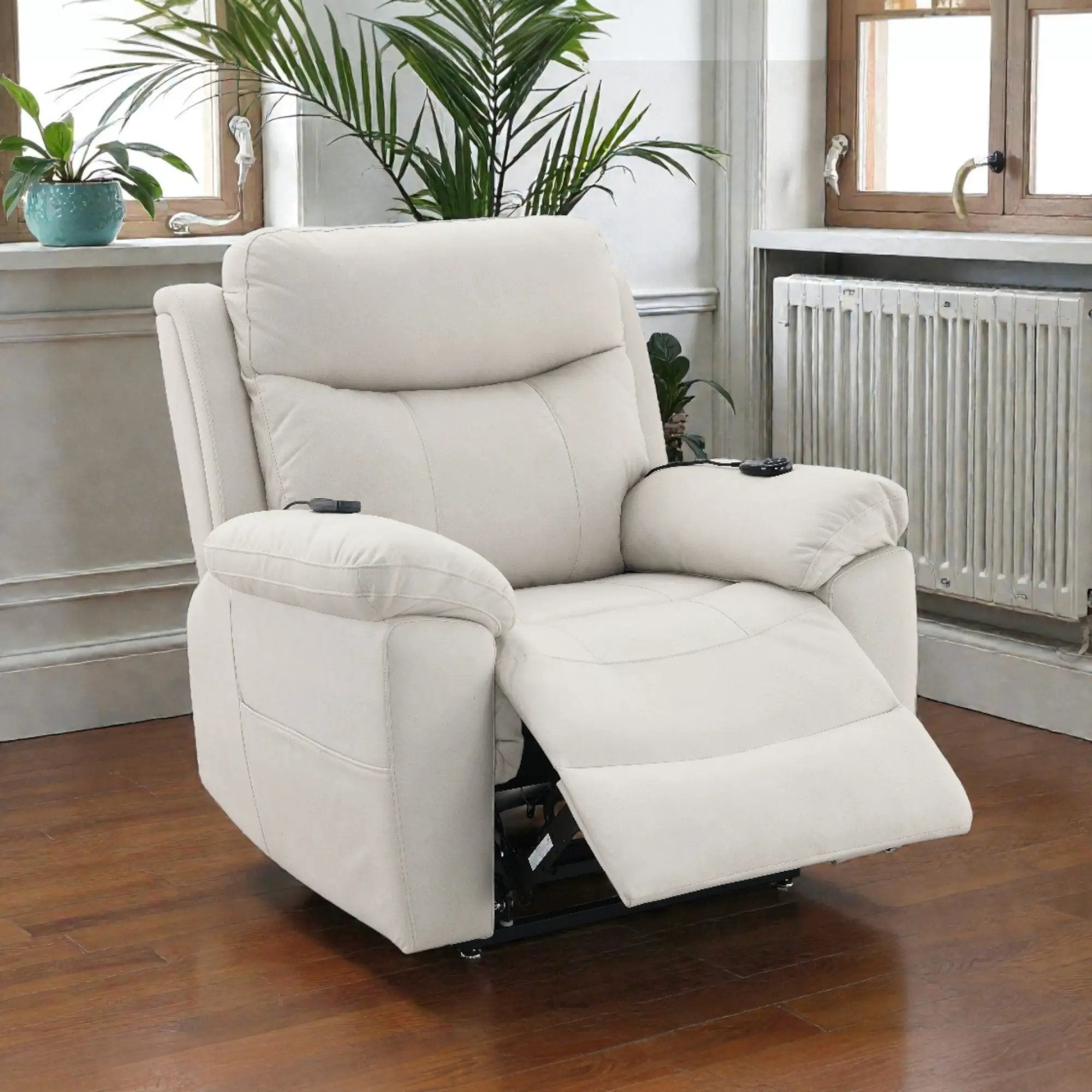 Chriki Beige Fabric Power Recliner with Lift, Heating, and Massage by HouseOfZazla
