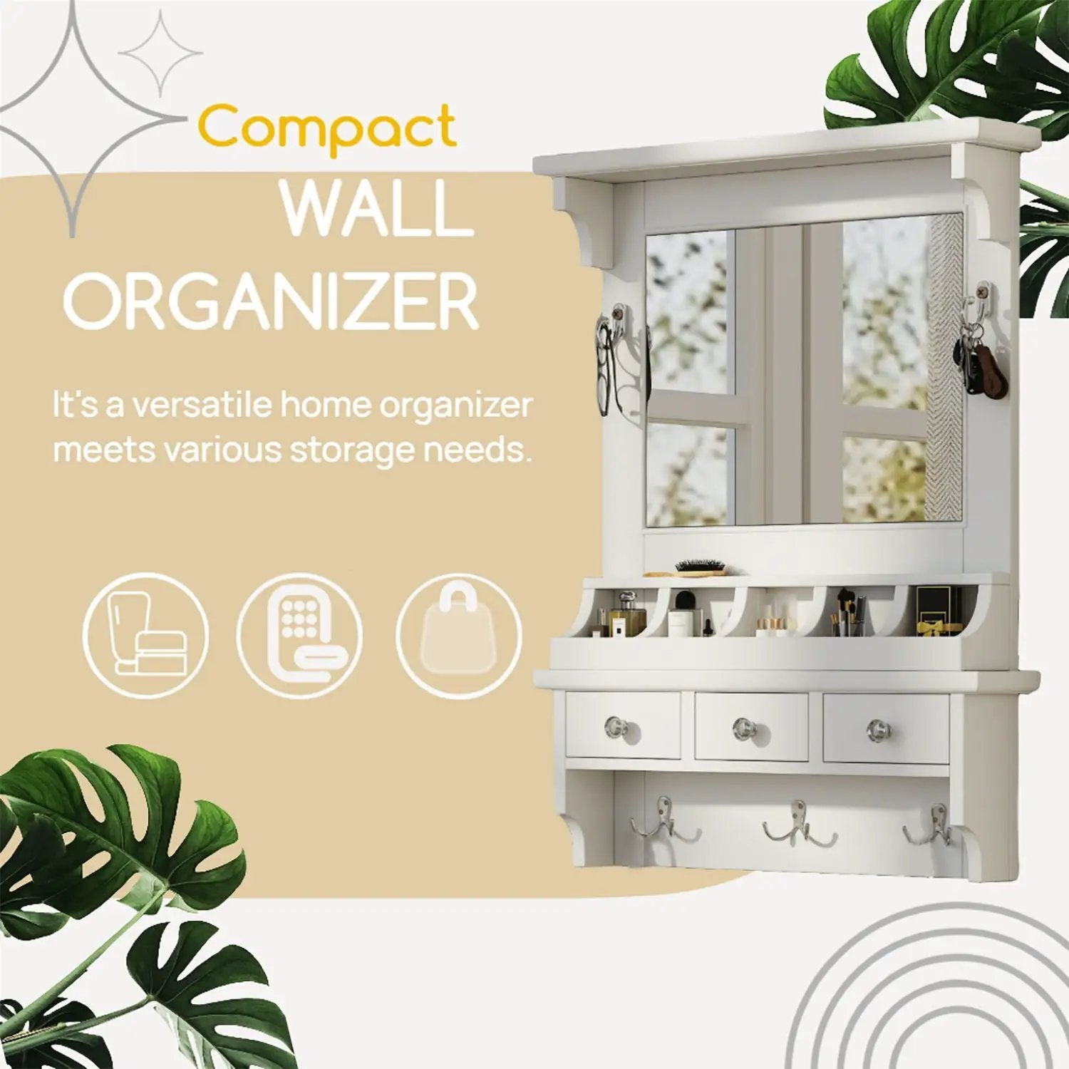 Floating Makeup Vanity With Big Mirror, Wall Mounted Storage Vanity With Drawers, Pockets & Hooks, Space Saving Decorative Home Organizer - White by HouseOfZazla