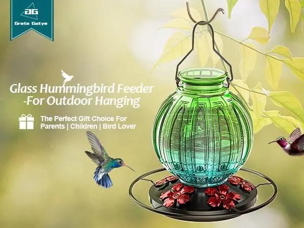 Glass Hummingbird Feeder for Outdoors Hanging, Bird Nectar Feeder with Perch & 5 Flower Feeding Ports, 26 Oz Leak Proof for Outside Garden Decor Backyard, Gifts for Women Mom, Green & Blue by GreenHaven Gardens
