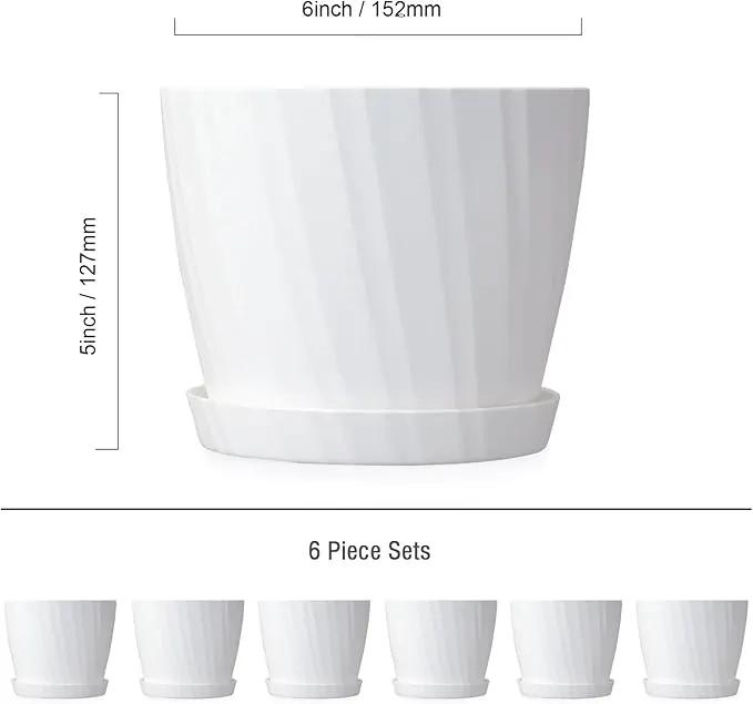 6 Inch Plant Pots Bulk, 6 Pack Plastic Planters with Drainage Holes and Saucers for Indoor Outdoor House Plants and Flowers, White by GreenHaven Gardens