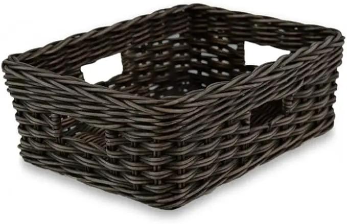 The Basket Lady Rectangular Low Wicker Storage Basket, Medium, 16 in L x 12 in W x 6 in H, Antique Walnut Brown by GreenHaven Gardens