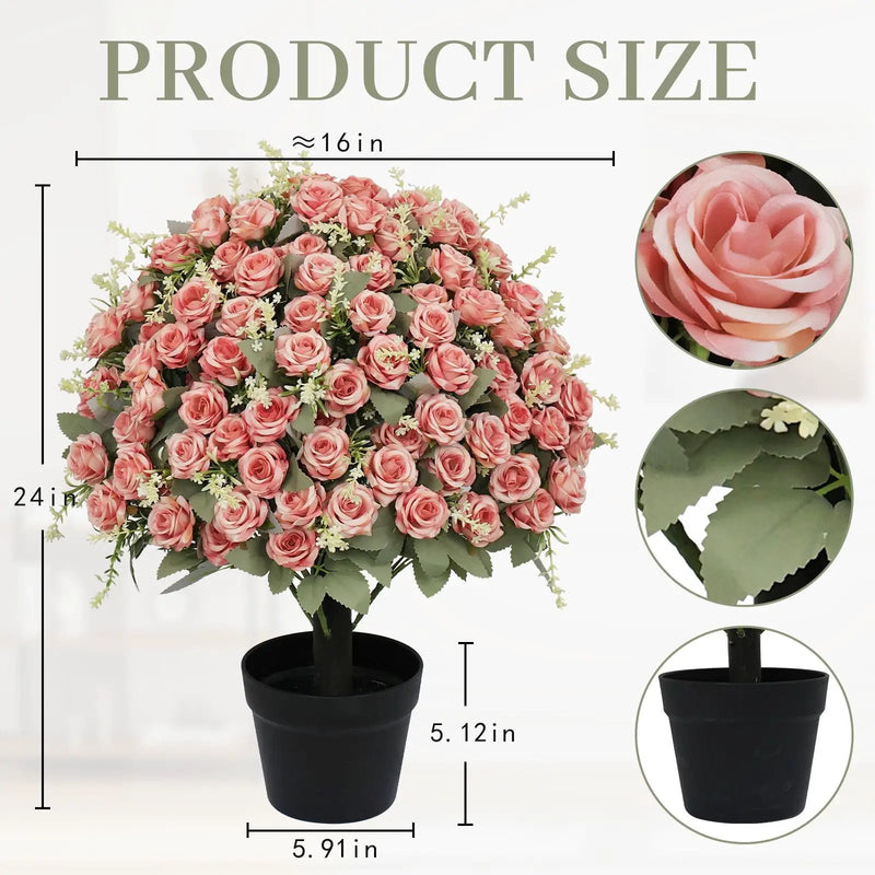 Artificial Rose Decoration With UV Resistant Silk Petals, Durable Stems In Cement Pot, Indoor Outdoor Potted Floral Arrangement - Green / Pink by HouseOfZazla