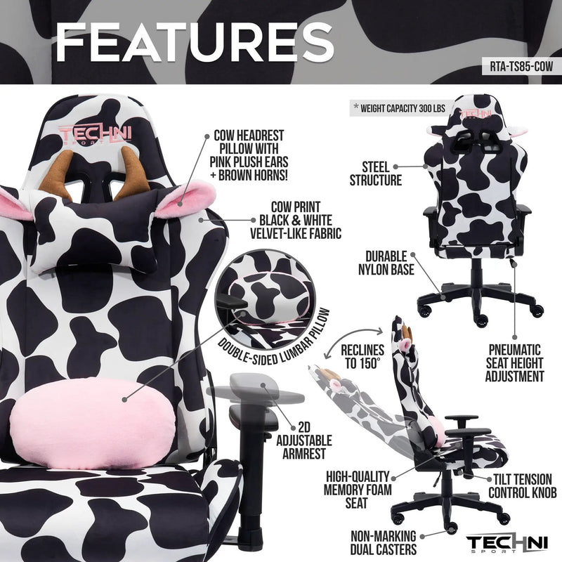 TS85 Cow Print LUXX Series Gaming Chair by HouseOfZazla