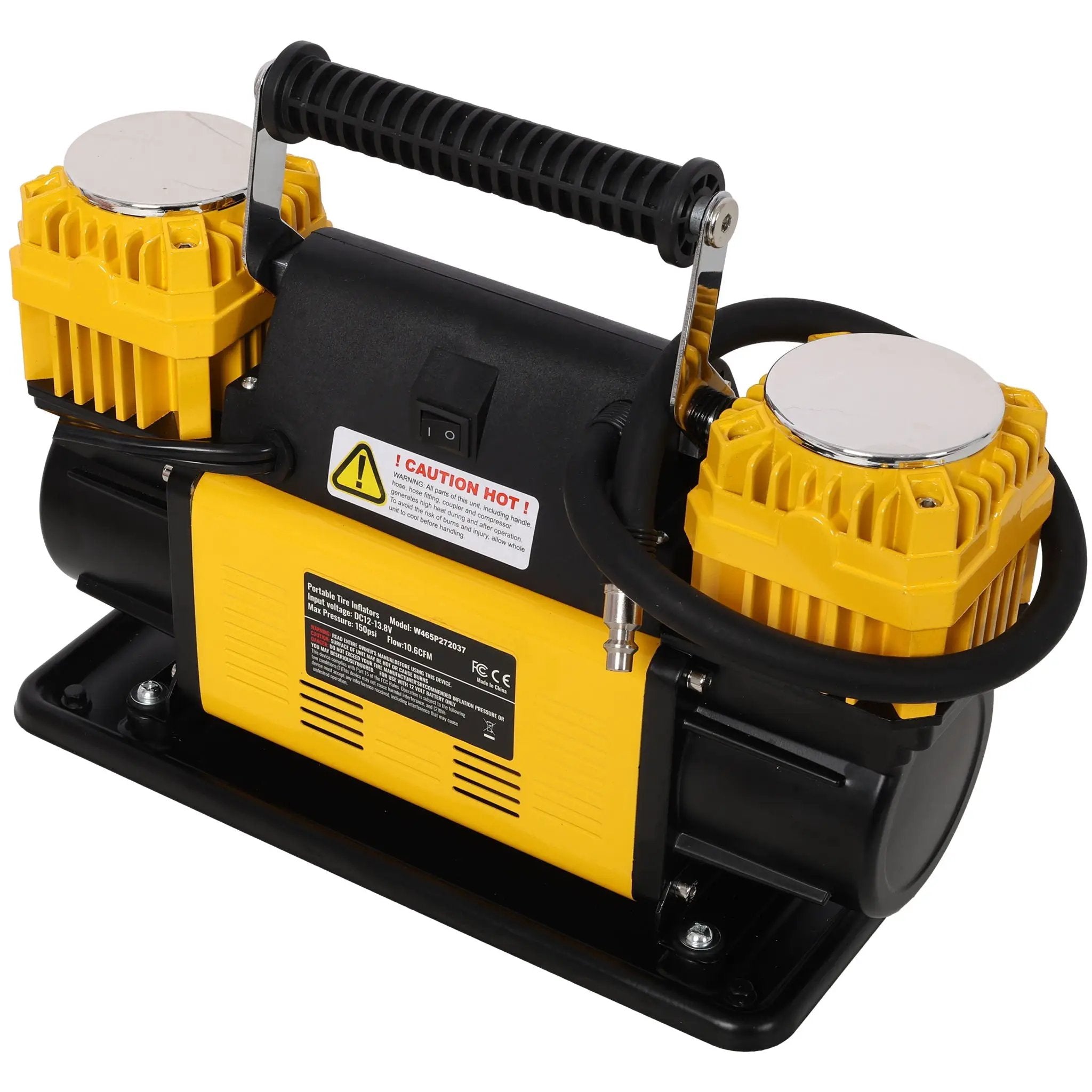 Heavy Duty 12V Dual Cylinder Air Compressor, Tire Inflator With Gauge - Yellow / Black by HouseOfZazla