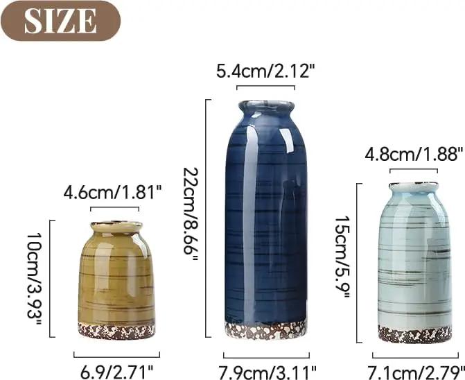 Ceramic Vase Set of 3, Farmhouse Decorative Vase for Pampas Grass, Living Room, Bathroom,Bookshelf, Centerpieces (Blue/Navy Blue/Yellow) by GreenHaven Gardens