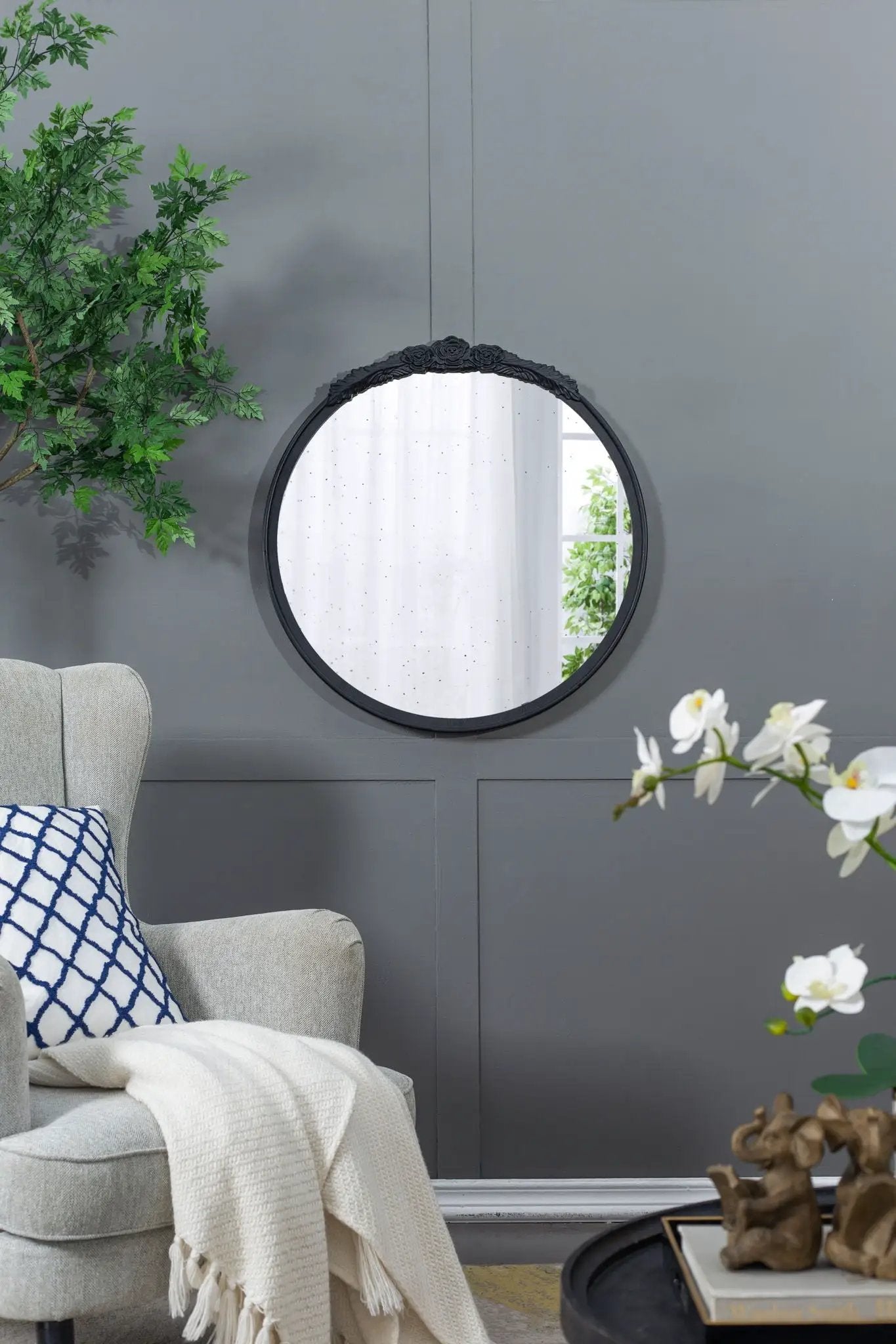 Round Hand Carved Rose Antique Mirror Frame, Wall Mirror For Live Space by HouseOfZazla