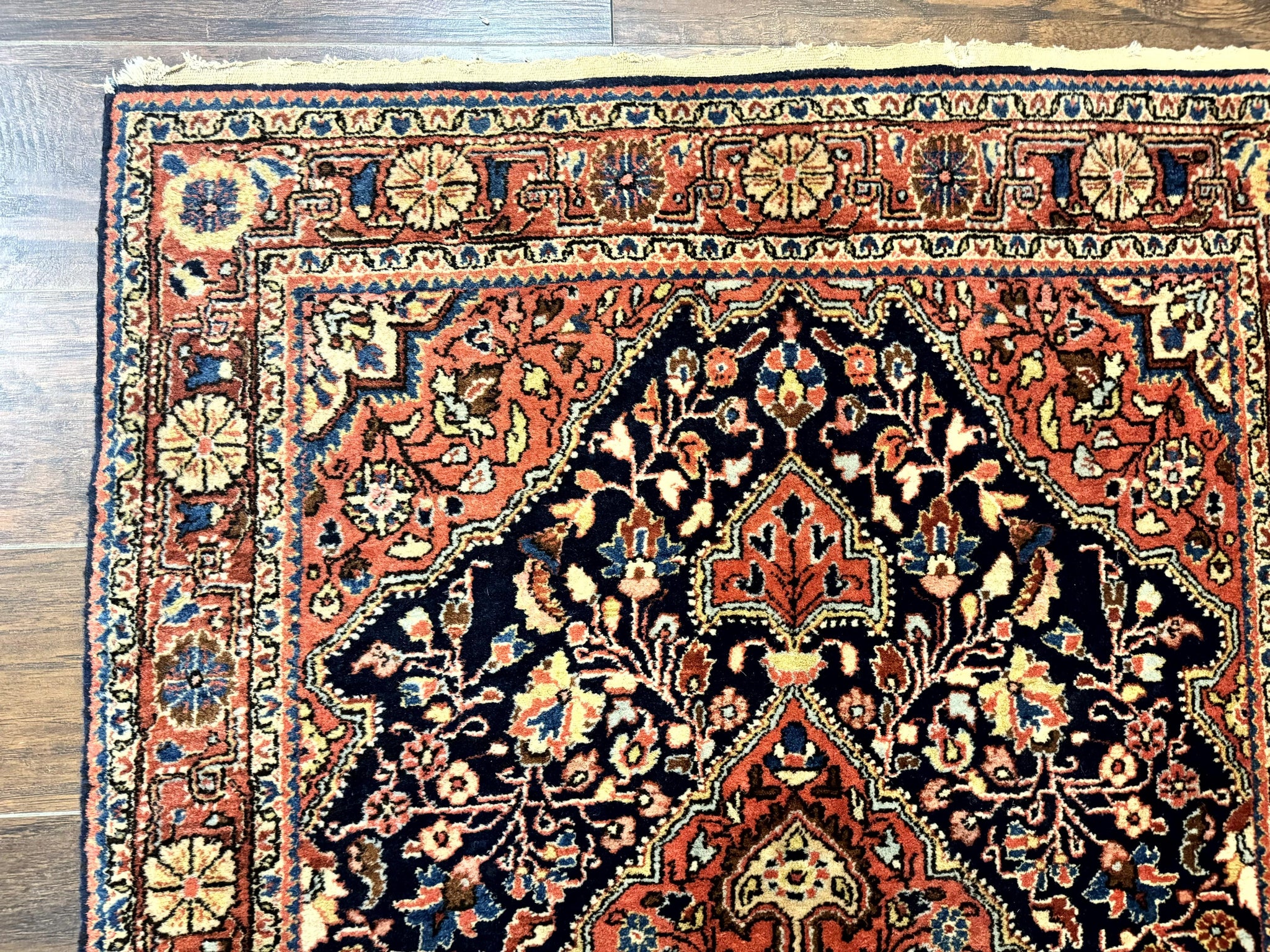 Persian Sarouk Rug 3.6 x 5, Medallion Rug, Red and Midnight Blue, Handmade Semi Antique Vintage Wool Carpet by Jewel Rugs