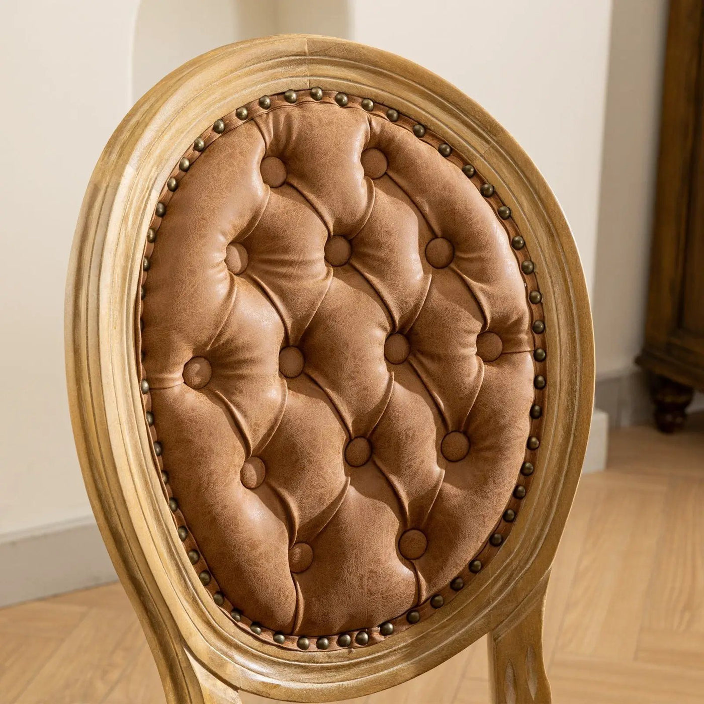 French Style Solid Wood Frame Antique Painting, Hand-Pulled Buckle Decoration Artificial Dining Chair With Nailhead Trim, Wood Legs by HouseOfZazla
