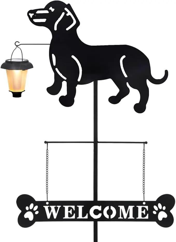 BAYN Solar Dachshund Silhouette Dog Breed Welcome Sign with a Lantern Outdoor Decorative Garden Stakes for Yard, Lawn, Patio, Pathway by GreenHaven Gardens