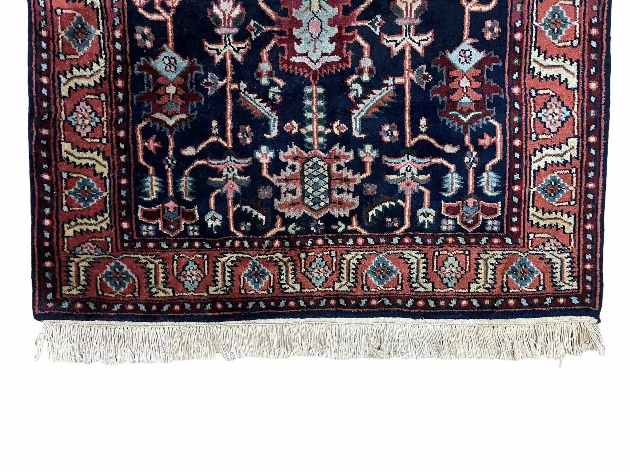 4x6 Vintage Handmade Wool Geometric Rug Organic Dyes Blue Red Hand-Knotted Rug by Jewel Rugs