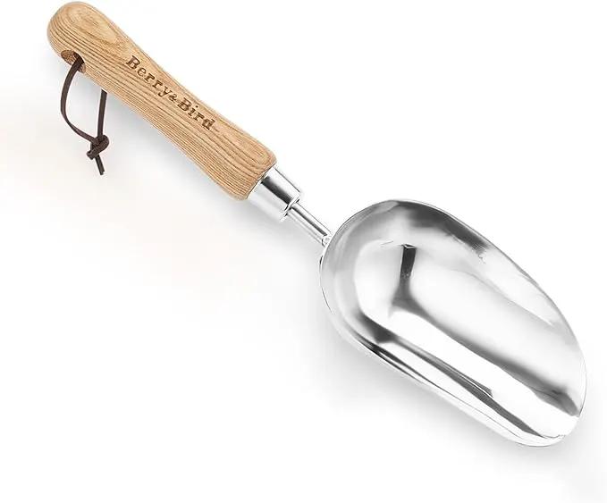 Berry&Bird Garden Loose Soil Scoop, Stainless Steel Hand Shovel Spade with Wood Handle Multi Function Gardening Trowel Spoons for Transplanting, Digging, Planting, Cultivation by GreenHaven Gardens