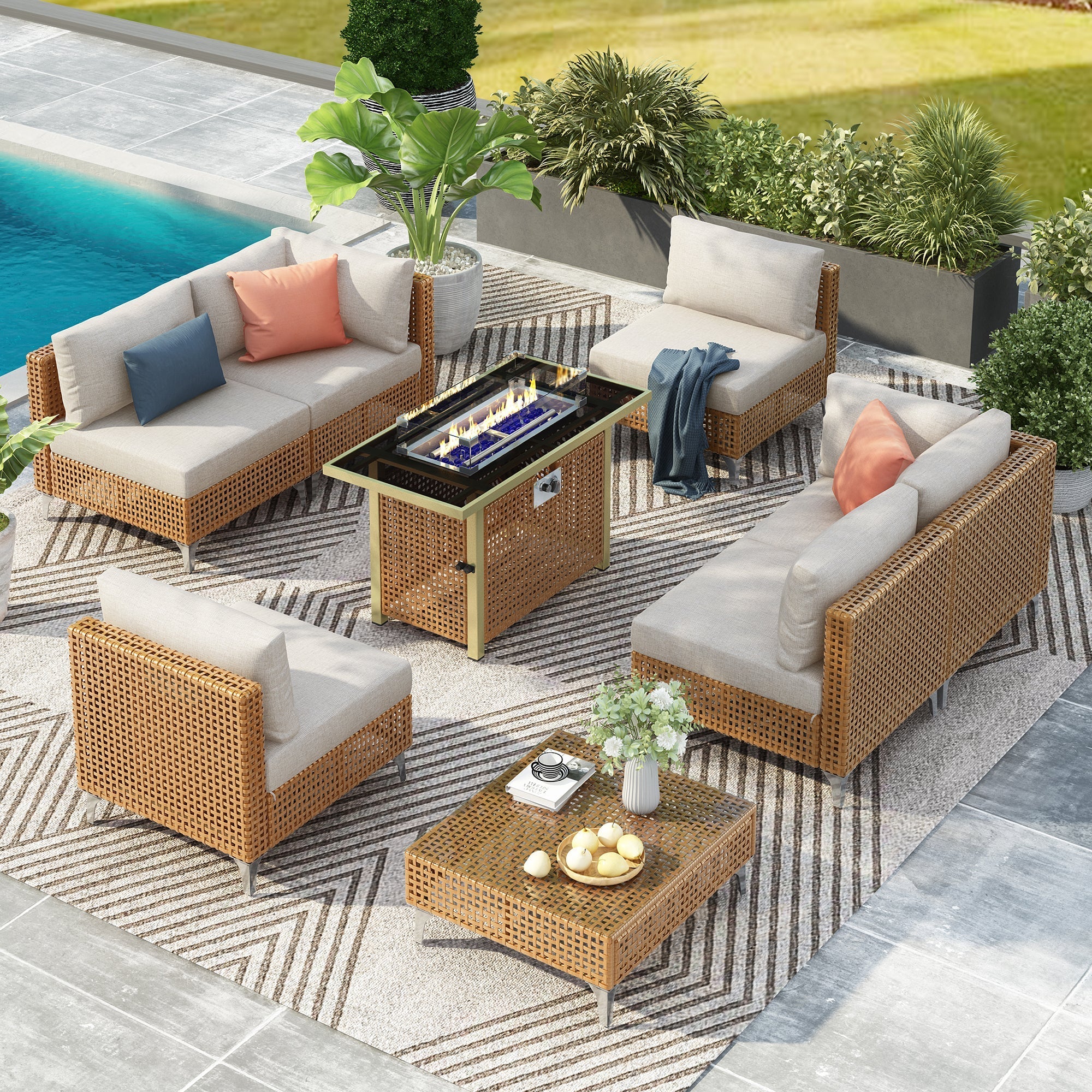 K&K 8-Piece Patio Furniture Set with Fire Pit Table by HouseOfZazla