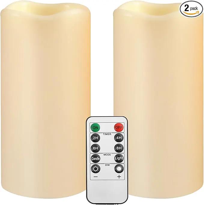 Large Outdoor Waterproof Flameless Candles with Remote Control,D3'' x H5.5'' Battery Operated Flickering LED Pillar Candle Plastic for Outdoor/Indoor Decoration Wedding, Party, Birthday (2PACK) by GreenHaven Gardens