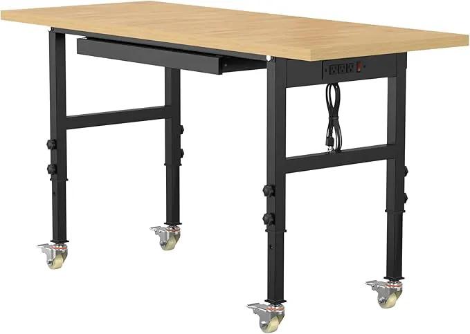 60" Adjustable Workbench,Heavy-Duty Work Table,3000 LBS Load Capacity Particleboard Hardwood Workstation Outlets with Power Strips, Drawers and Wheels,for Workshop, Garage by GreenHaven Gardens