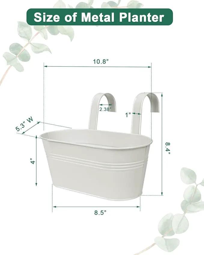 vensovo Metal Railing Planter for Outdoor Plants - 3 Pack Balcony Hanging Flower Pots with Detachable Hooks and Drain Holes Oval Bucket Rail Box Fence Planters for Home Garden Decor, White by GreenHaven Gardens