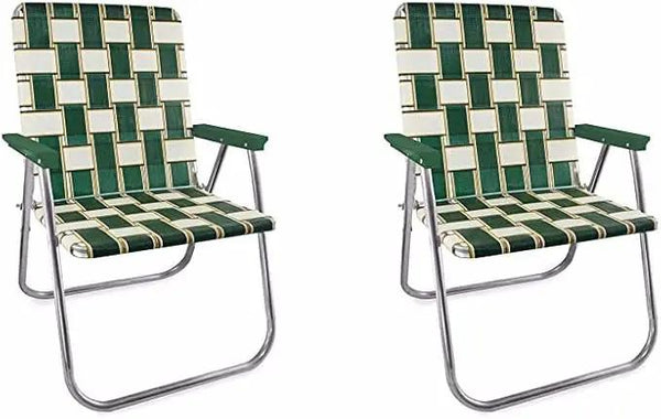 Lawn Chair USA - Outdoor Chairs for Camping. Made with Lightweight Aluminum Frames and UV-Resistant Webbing. Folds for Easy Storage 2- Pack (Charleston with Green Arms, Magnum)