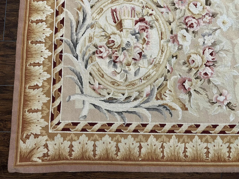 Aubusson Rug 9x12, Elegant Savonnerie Carpet 9 x 12 ft, Beige Ivory Tan, Floral, Flatweave Wool Handmade Area Rug 9 x 12 ft, European French by Jewel Rugs
