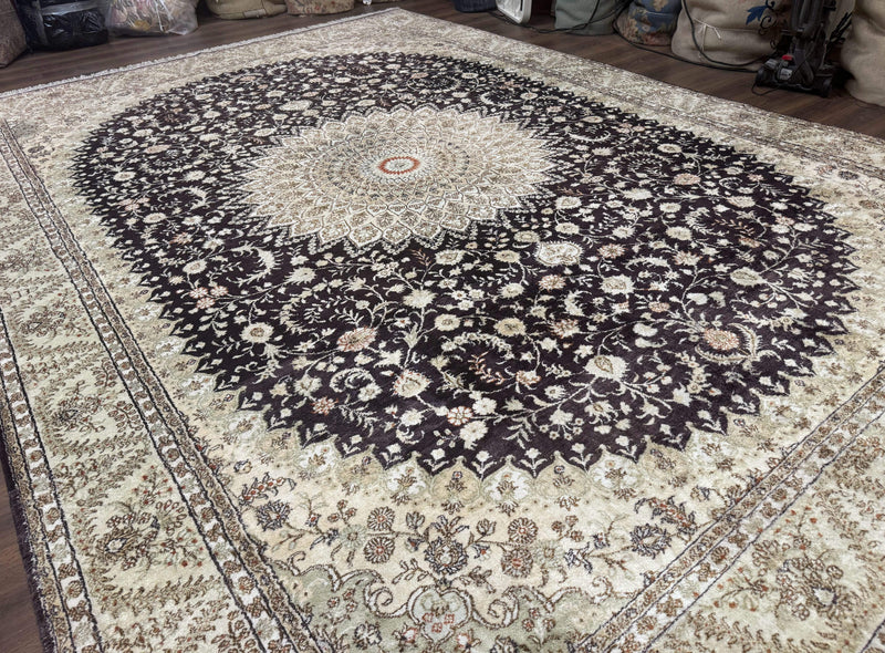 Indian Kashmiri Silk Rug 10x14, Floral Medallion by Jewel Rugs