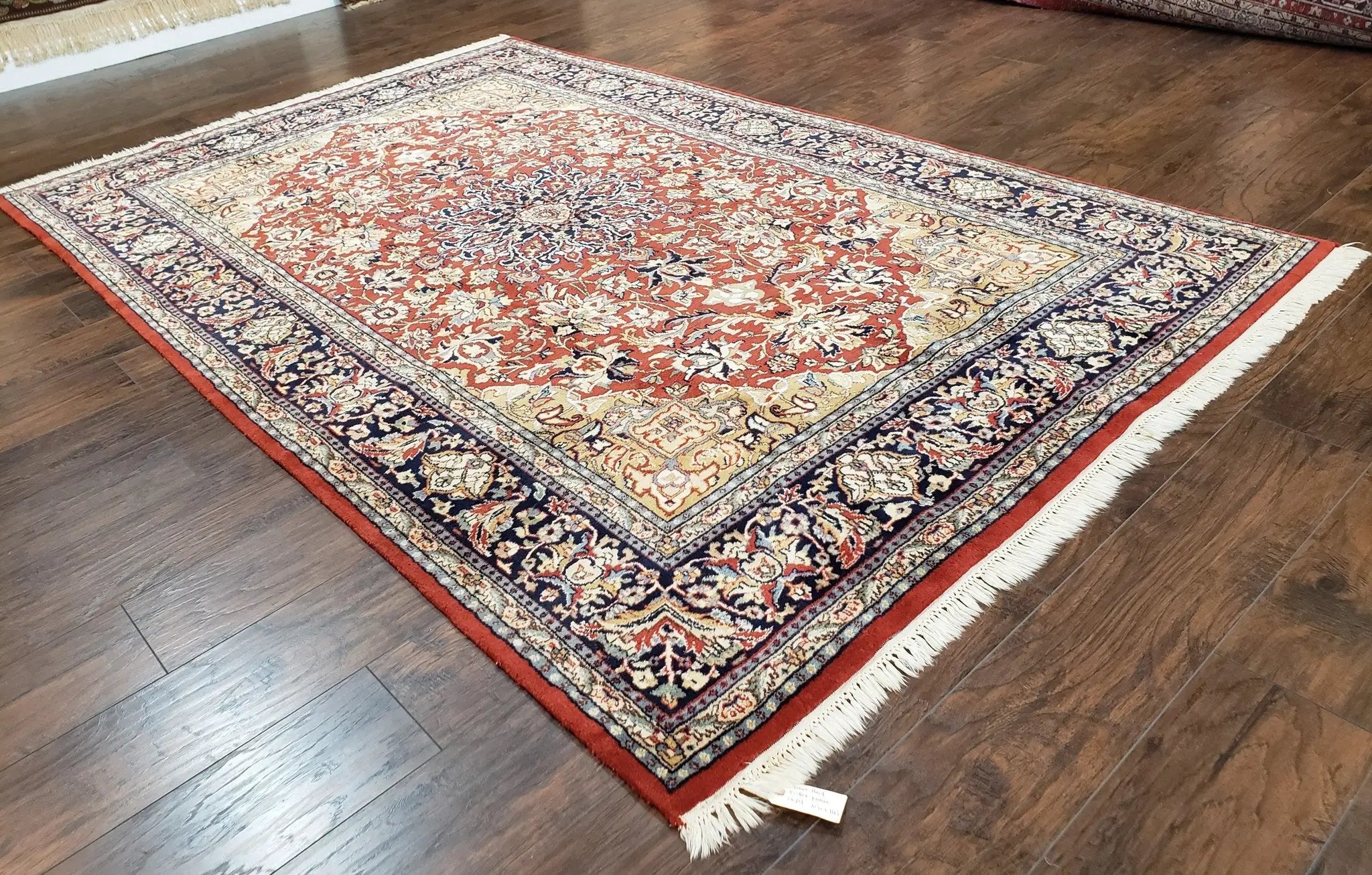 Vintage Indo Persian Oriental Rug 6 x 9.6, Wool Hand-Knotted Red Dark Blue & Gold Indian Carpet, 6 x 9 Office Room Rug, Floral Medallion by Jewel Rugs