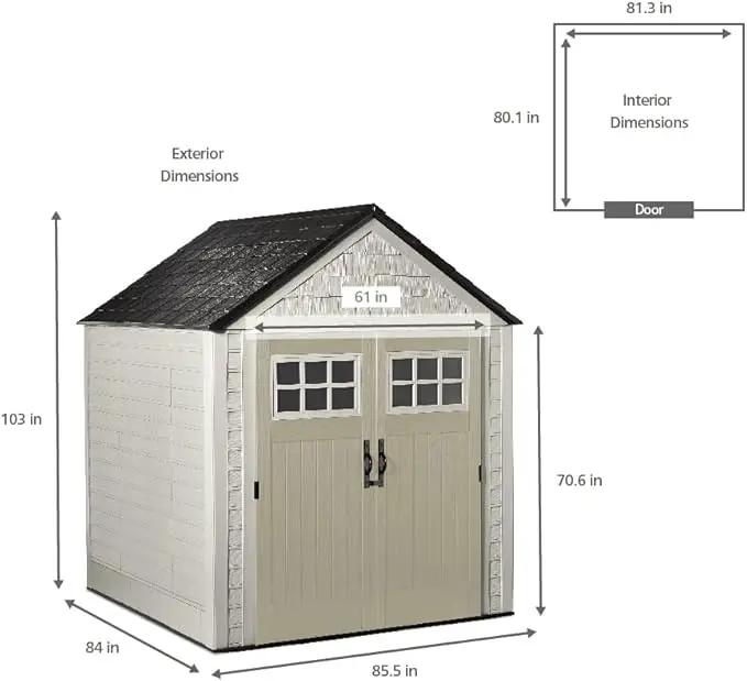 Rubbermaid 7 Foot by 7 Foot Weatherproof Outdoor Storage Shed for Garden Tools and Lawn Machinery Organization with Lockable Double Door Sandstone by GreenHaven Gardens