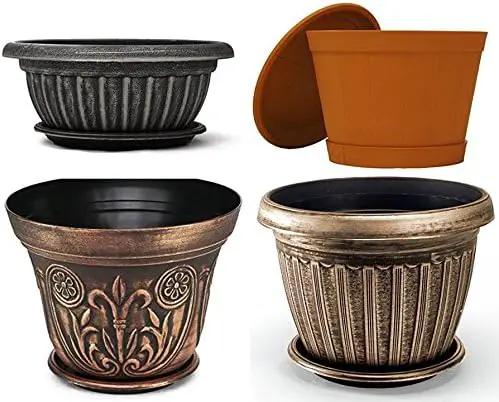 9" Decorative Heavy Duty Tray/Saucer (2 Pack) Rustic Medieval/French Country Look, Pot/Planter Base for Indoor/Outdoor Decor Use. Long Lasting, Reusable Light Weight (9 inches, Gold) by GreenHaven Gardens