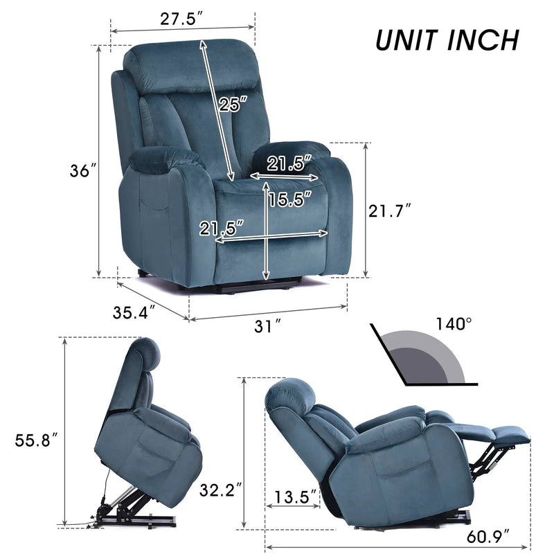 Power Lift Chair Recliner With Remote Control, Electric Reclining Sofa, Fabric Power Recliner For Living Room - Navy Blue by Unique Piece Furniture