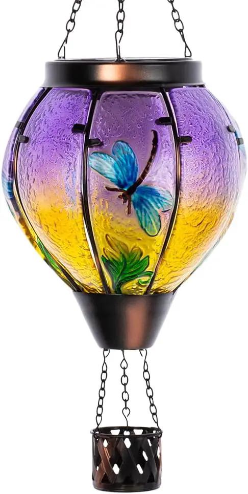 Starsoul Dragonfly Hot Air Balloon Solar Lantern Outdoor Glass Hanging Hot Air Balloon Lantern with Flame Light Waterproof for Patio Pathway Yard Porch Backyard Decor by GreenHaven Gardens
