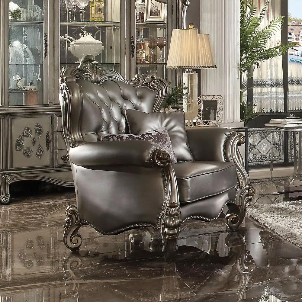 Versailles - Chair With 2 Pillows - Silver Synthetic Leather & Antique Platinum by Unique Piece Furniture