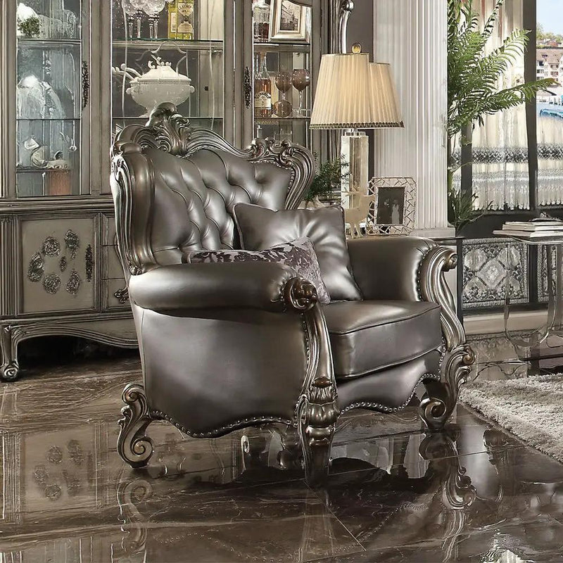 Versailles - Chair With 2 Pillows - Silver Synthetic Leather & Antique Platinum by Unique Piece Furniture