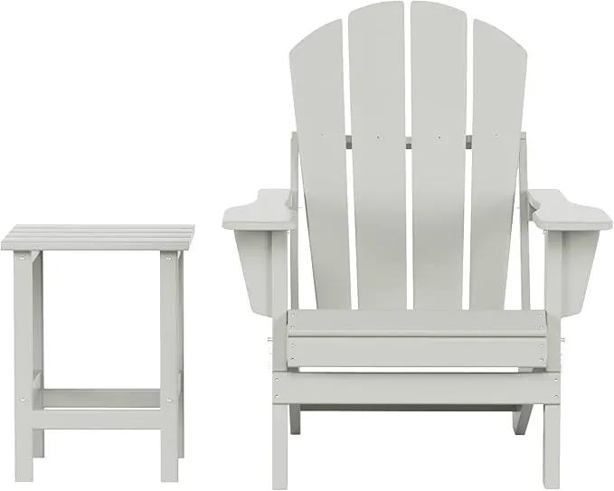 WO Home Furniture Adirondack Chair Table Set of 2 PCS Outdoor Folding Chair w Side Table Weather/UV Resistant for Lawn, Garden, Bon Fire, Balcony (Sand) by GreenHaven Gardens