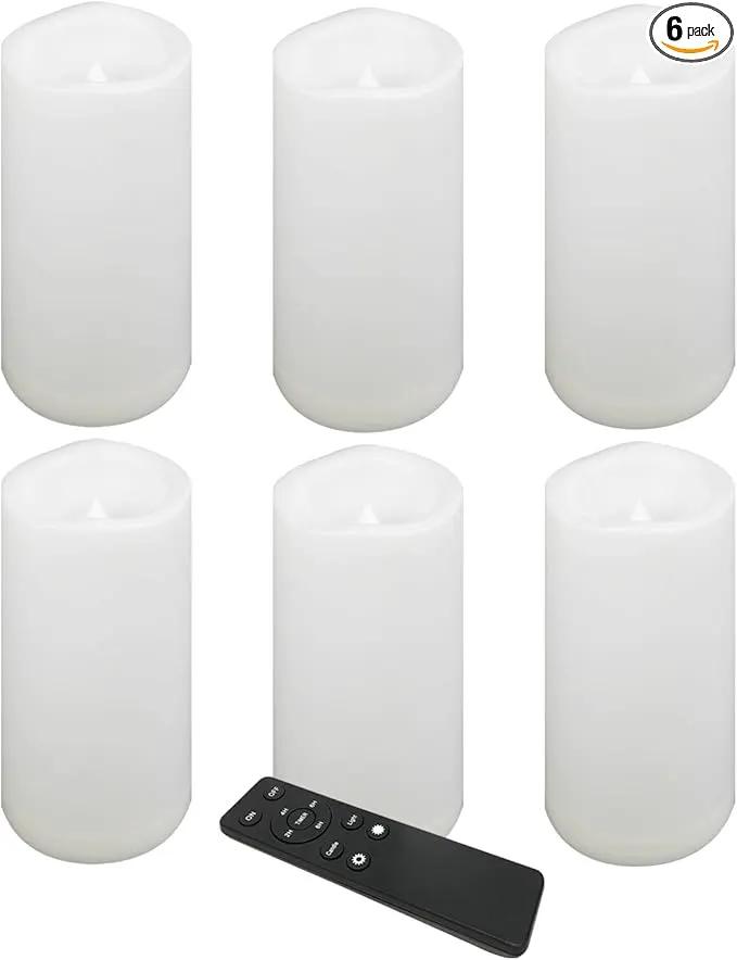 CANDLE CHOICE Waterproof Outdoor Battery Operated Flameless Candles Remote Timer White Plastic Realistic Flickering Fake Electric LED Pillars Lantern Garden Wedding Christmas Decorations 3”x6” 6 Pack by GreenHaven Gardens