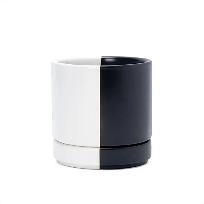 D'vine Dev 4.7 Inch Ceramic Planter Pot with Drainage Hole and Saucer, Indoor Cylinder Round Planter Pot, Split Monochrome Black & White, 94-O-B-0 by GreenHaven Gardens