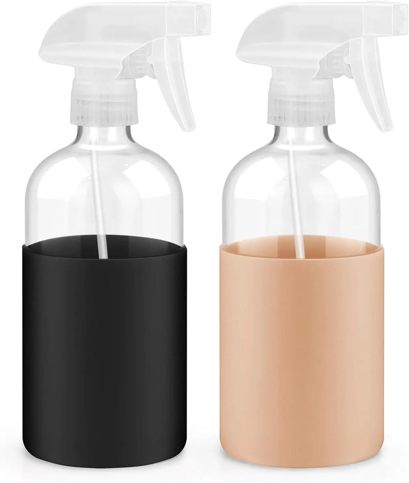 2 Pack Glass Spray Bottles with Long Silicone Sleeve, 16 oz Empty Refillable Containers with Adjustable Spray Nozzles, Spray Bottles for Hair, Cleaning Solutions and Plants khaki&Black by GreenHaven Gardens