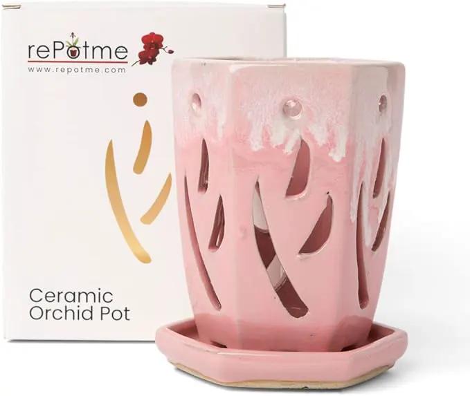 rePotme 4 x 6 inch Ceramic Orchid Pot (Cream Over Cotton Candy) - Hexagon Orchid Pot with Holes by GreenHaven Gardens