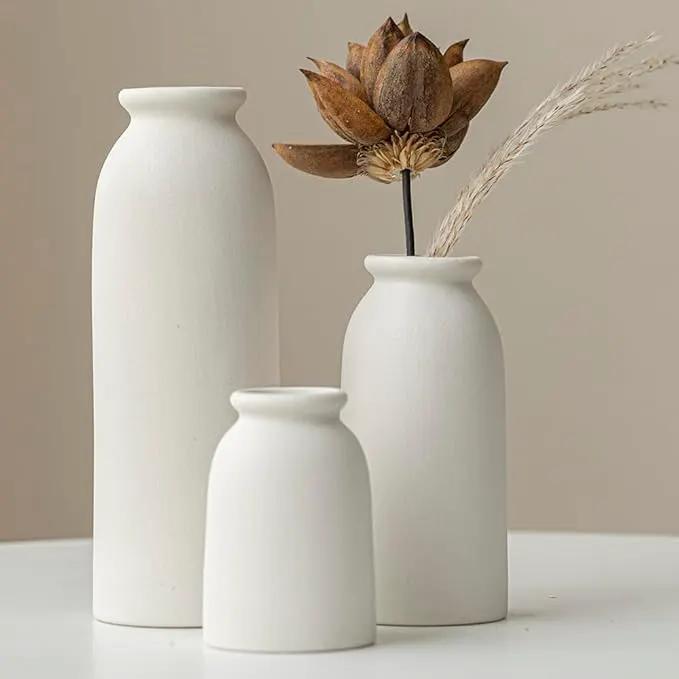 Ceramic Vase Set-3, Small Flower Vases for Decor, Modern Boho Farmhouse Style, Decorative Shelf Vases for Pampas Grass & Dried Flowers, Distressed Finish (White) by GreenHaven Gardens