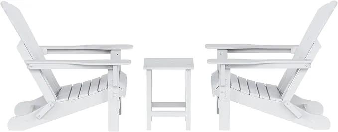 WO Home Furniture Adirondack Chairs Table Set of 3 PCS Outdoor Folding Chairs Side End Table Weather/UV Resistant for Lawn, Garden, Bon Fire, Balcony (White) by GreenHaven Gardens