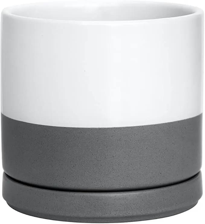 D'vine Dev Ceramic Planter Pot with Drainage Hole and Saucer, Indoor Cylinder Round Flower Pot, 4.6 Inch, White/Speckled Grey, 94-O-B-6 by GreenHaven Gardens