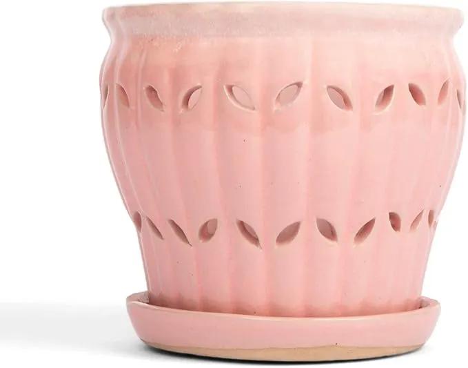 rePotme 6 inch Pinwheel Fluted Ceramic Plant Pot (Cream Over Cotton Candy) - Includes Free 6 inch Slotted Pot Liner - Great for Orchids, Succulents, and All Indoor Plants by GreenHaven Gardens